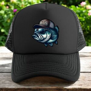 Bass fishing trucker hat mens O/S black snapback bass hunter mesh blue funny